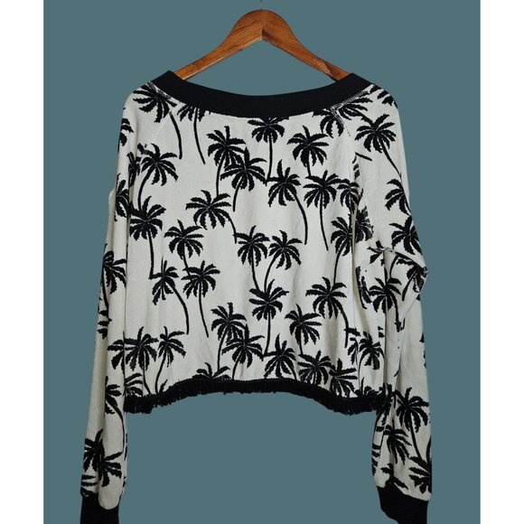 2/$35 HIPPE BeachBum Palm Tree Print Velour Coastal Fringe Hem Sweater Women S - Picture 3 of 12